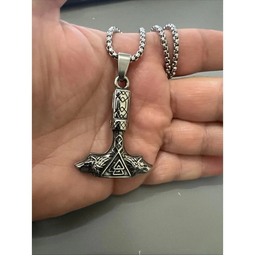 Thor Hammer Mjolnir Pendant Viking Stainless Steel 24” Chain Gift Axe Sword Mens